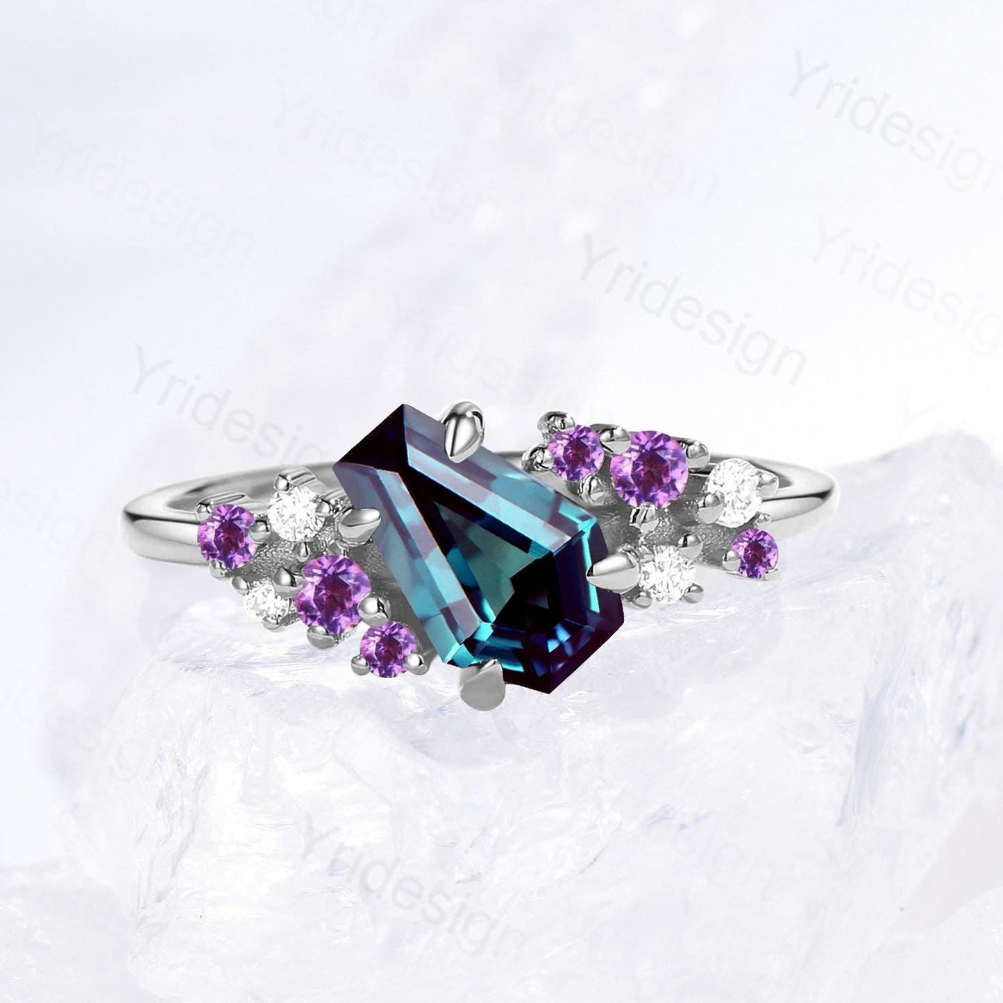 Unique Coffin Alexandrite engagement ring color-change cluster amethyst moissanite anniversary ring for women June birthstone wedding gifts