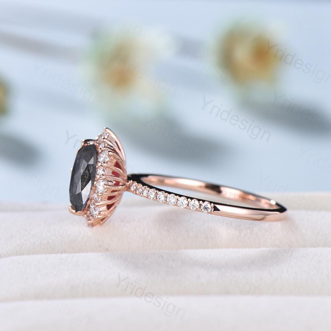 Vintage salt and pepper diamond engagement ring 14k rose gold Retro halo diamond pave set band antique promise ring anniversary gift for Her