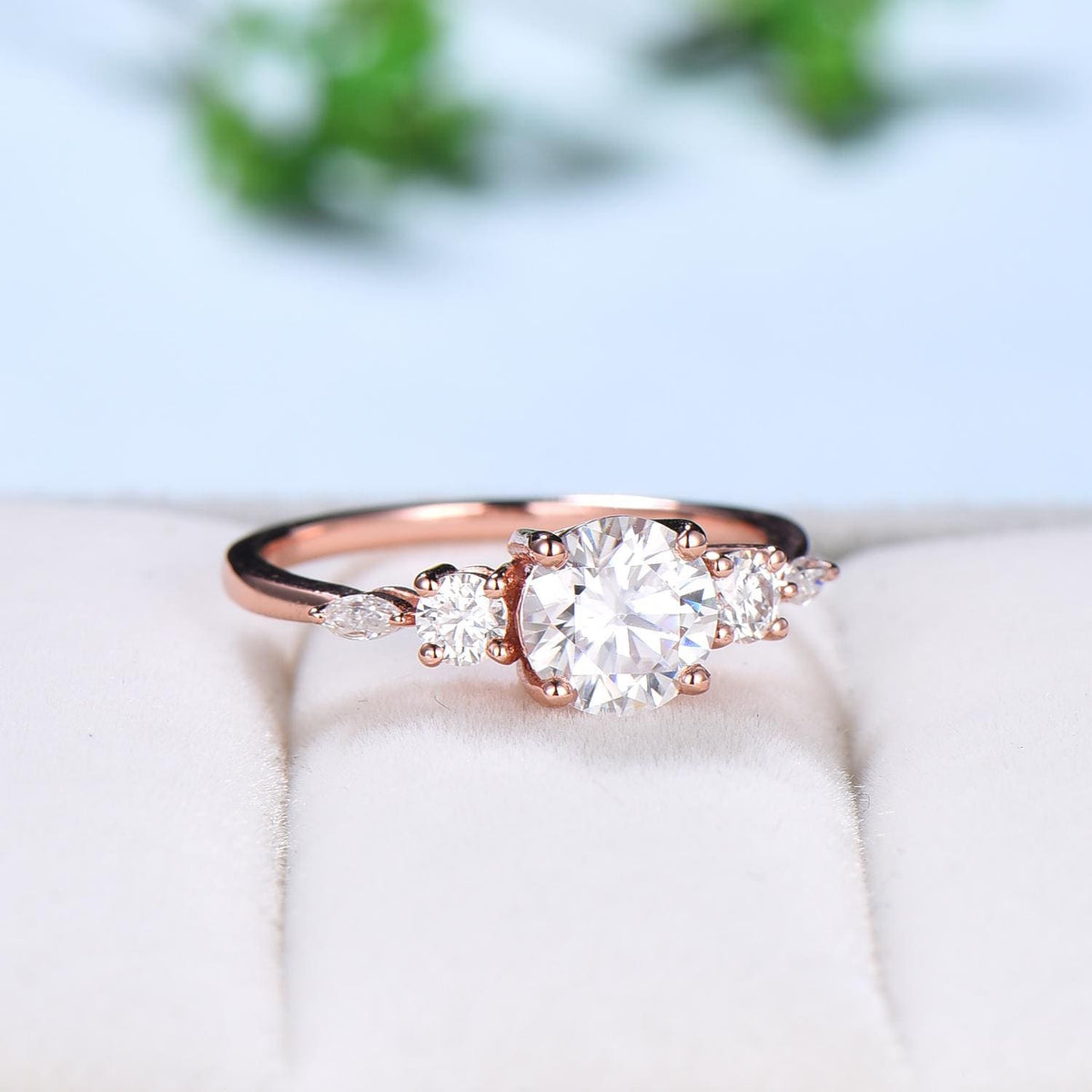 Five Stone IGI Certified Lab Grown Diamond Engagement Ring, Round Cut D Color VVS2 Clarity, Side Round & Marquise lab Diamonds Rose Gold