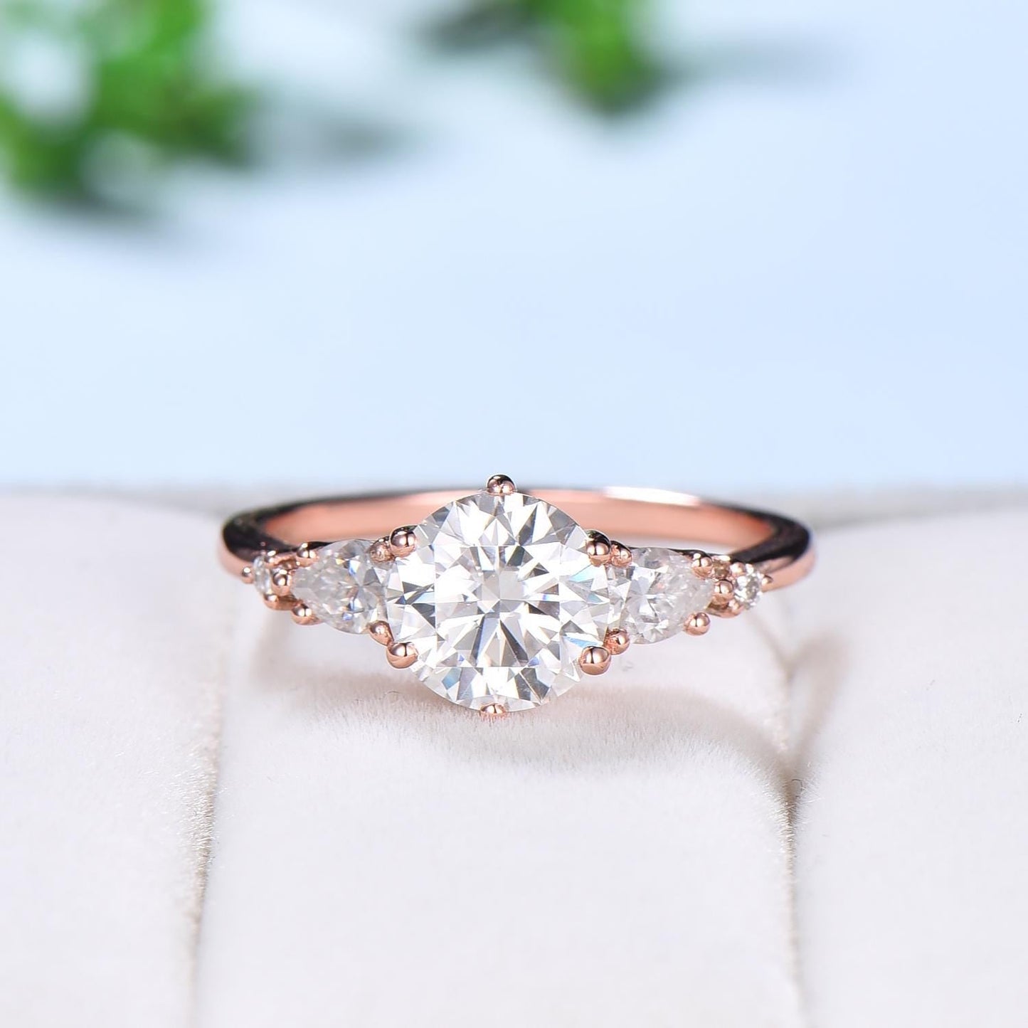 1 Carat D Color VVS2 Clarity IGI Certified Lab Grown Round Cut Diamond Five Stone Engagement Ring, Side Pear & Marquise Diamonds Rose Gold