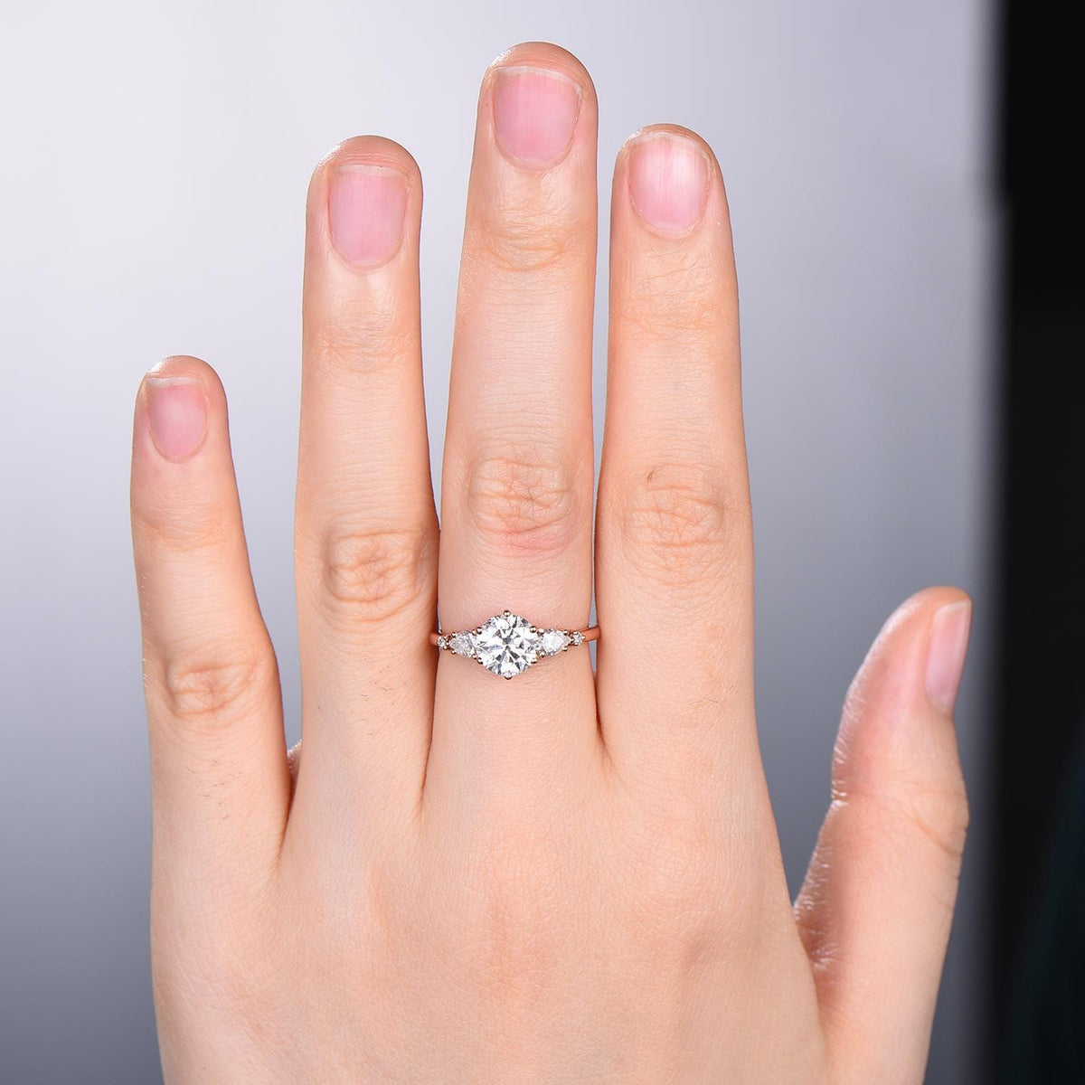 1 Carat D Color VVS2 Clarity IGI Certified Lab Grown Round Cut Diamond Five Stone Engagement Ring, Side Pear & Marquise Diamonds Rose Gold