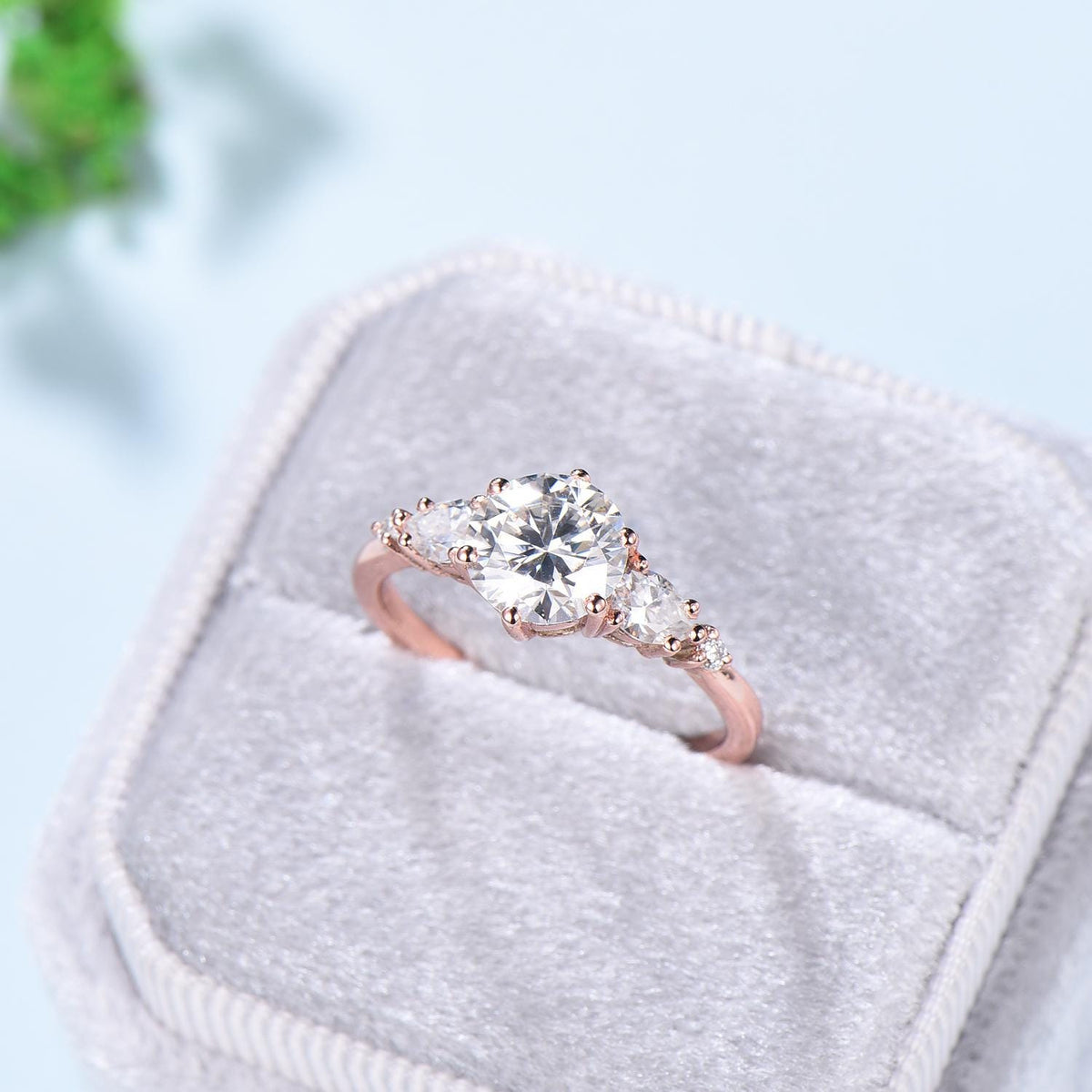 1 Carat D Color VVS2 Clarity IGI Certified Lab Grown Round Cut Diamond Five Stone Engagement Ring, Side Pear & Marquise Diamonds Rose Gold