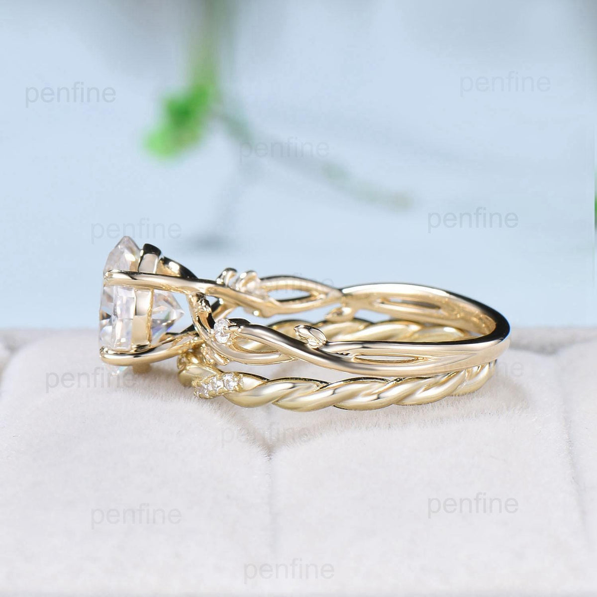 Leaves Prong oval moissanite engagement ring set, twig lab grown diamond wedding ring set,14k yellow gold salt and pepper diamond bridal set