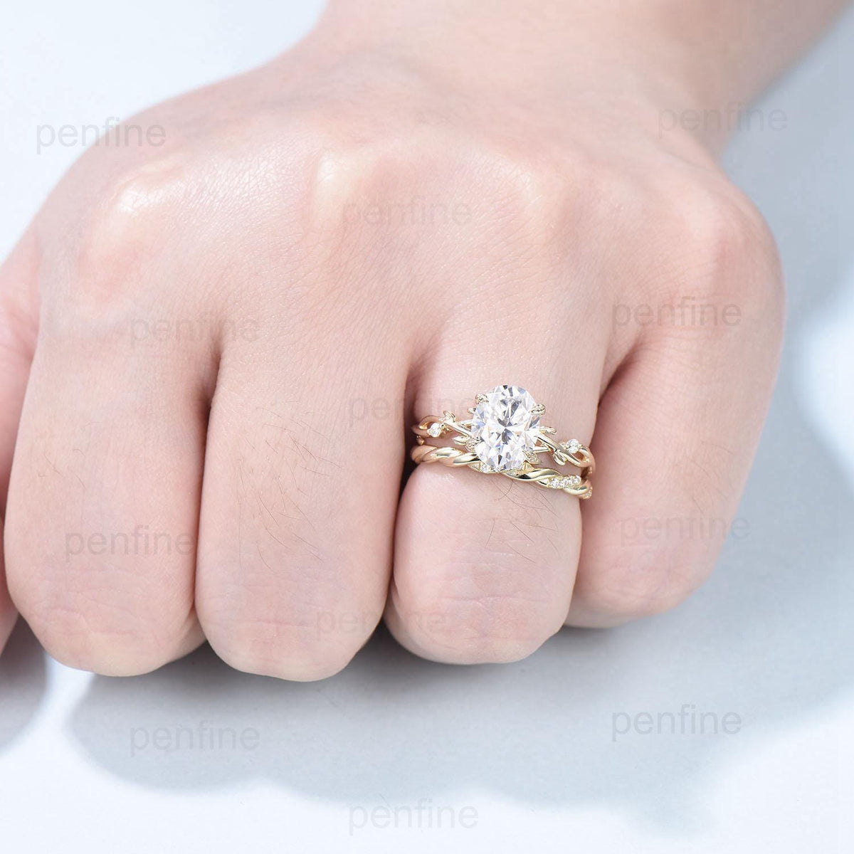 Leaves Prong oval moissanite engagement ring set, twig lab grown diamond wedding ring set,14k yellow gold salt and pepper diamond bridal set