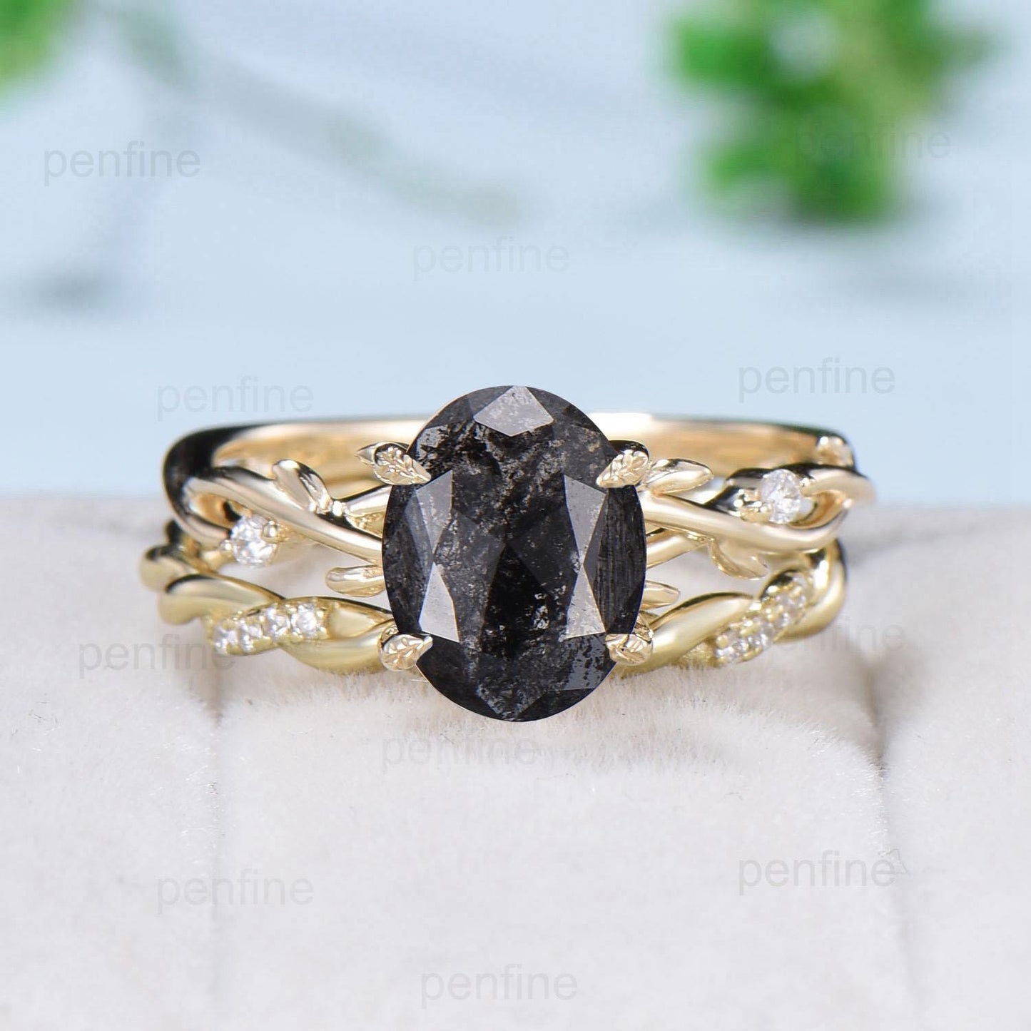 Leaves Prong oval moissanite engagement ring set, twig lab grown diamond wedding ring set,14k yellow gold salt and pepper diamond bridal set