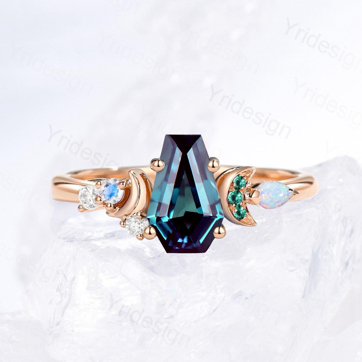 Unique moon ring Coffin cut Alexandrite engagement ring color-change cluster emerald, moonstone and white opal, June birthstone wedding ring