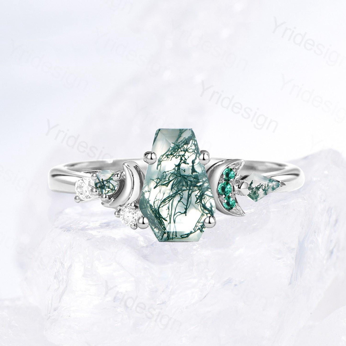 Unique moon ring, Coffin natural green moss agate engagement ring, cluster emerald, kite agate wedding ring, perfect moon anniversary gift