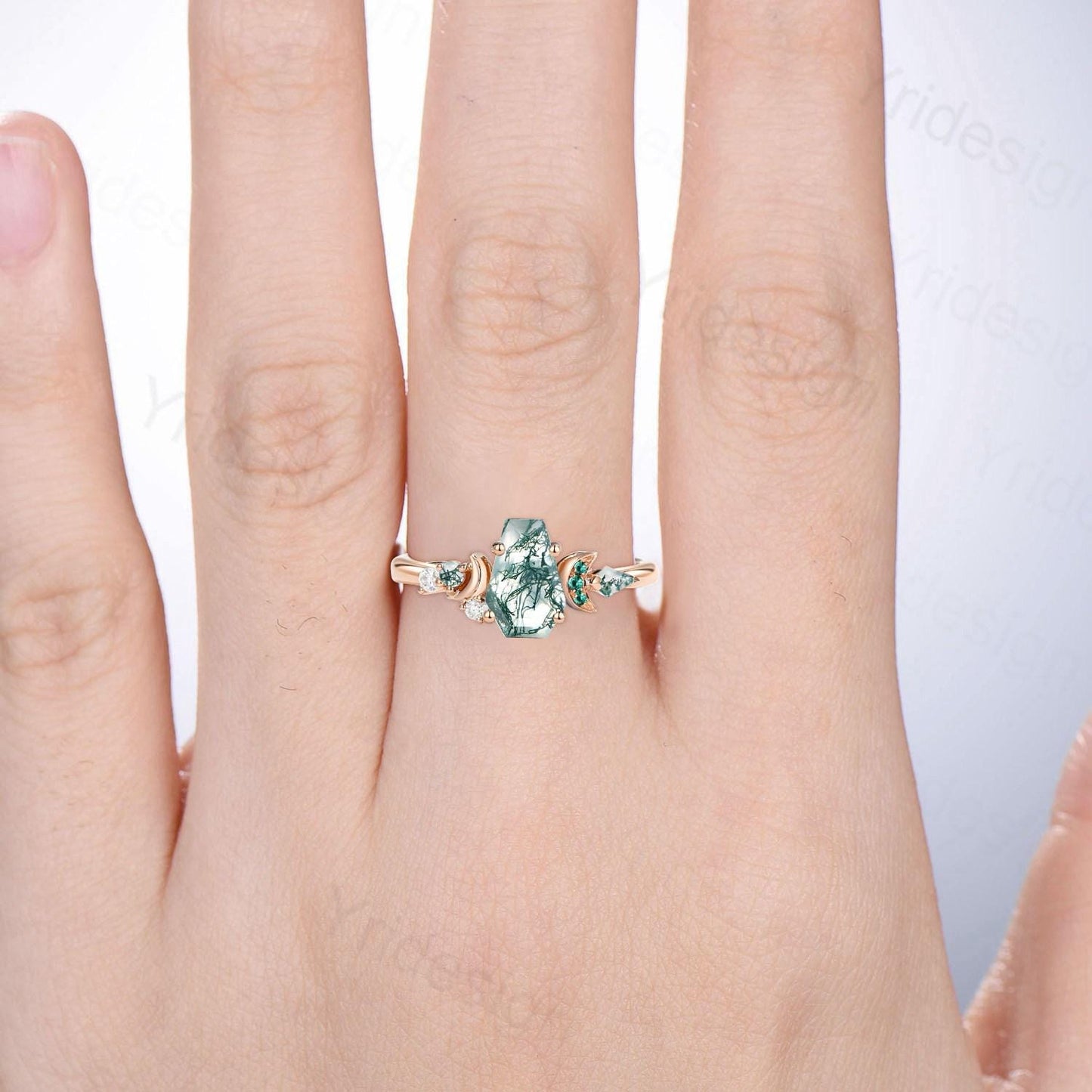 Unique moon ring, Coffin natural green moss agate engagement ring, cluster emerald, kite agate wedding ring, perfect moon anniversary gift