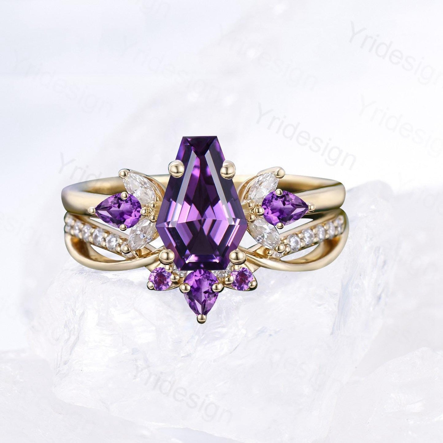 Vintage Coffin Cut Amethyst Ring Set, 2pcs February Birthstone Bridal Ring Set, Infinity Amethyst Stacking Band Handmade Proposal Gifts Her