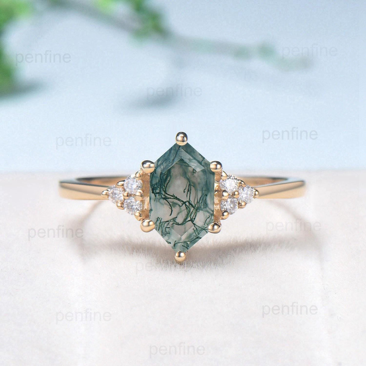 Vintage Long Hexagon Natural Green Moss Agate Engagement Ring Set Unique 14k Rose Gold Cluster Moissanite Wedding Ring Set Ring for Women