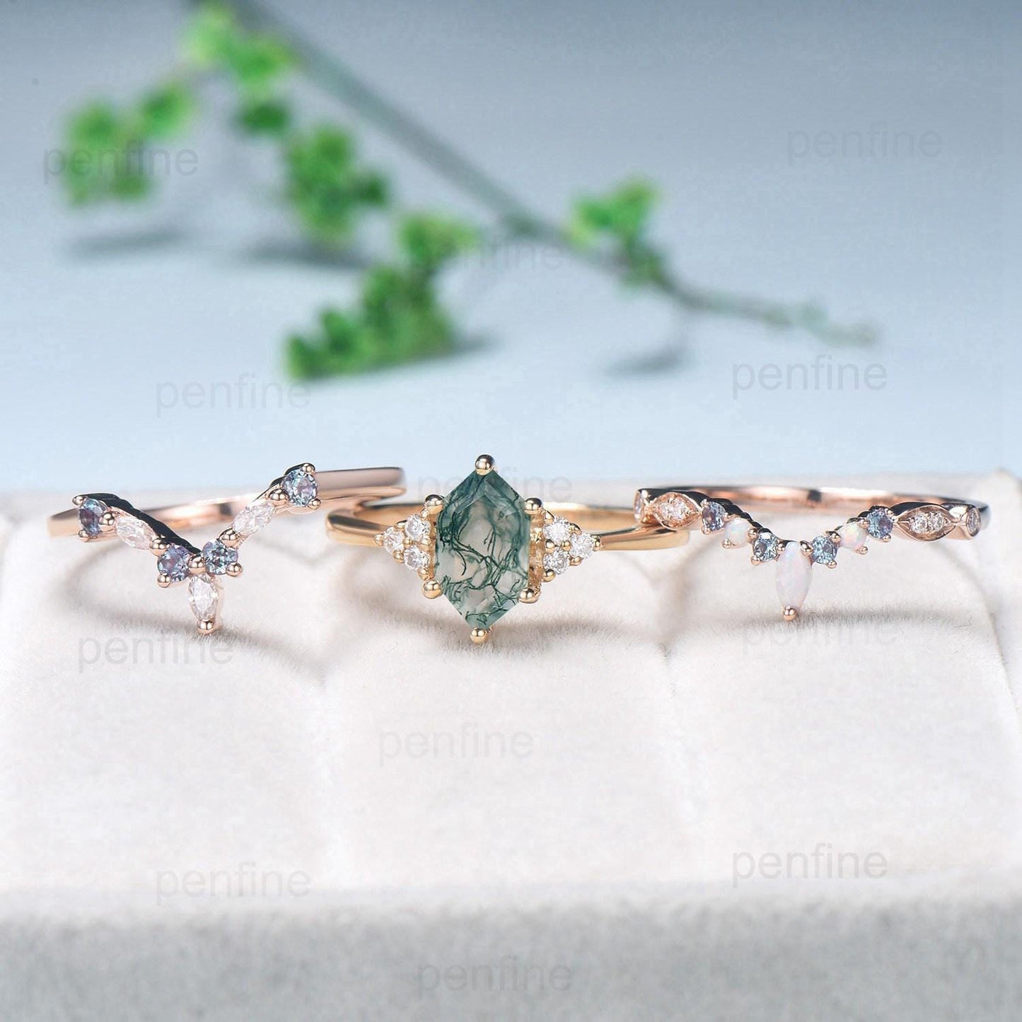 Vintage Long Hexagon Natural Green Moss Agate Engagement Ring Set Unique 14k Rose Gold Cluster Moissanite Wedding Ring Set Ring for Women