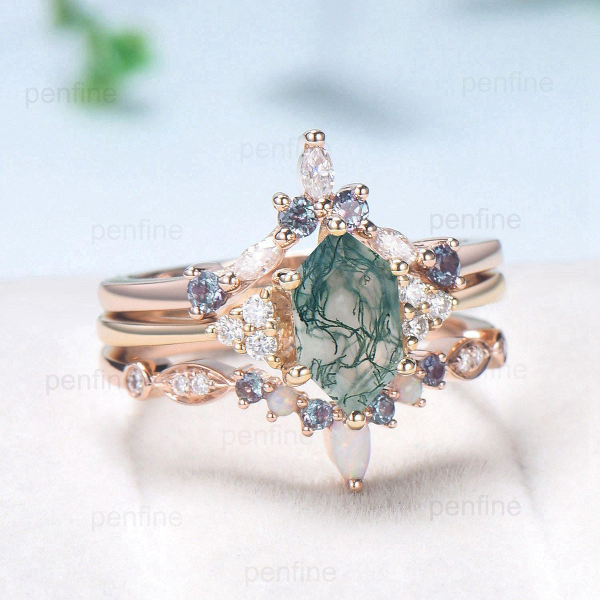 Vintage Long Hexagon Natural Green Moss Agate Engagement Ring Set Unique 14k Rose Gold Cluster Moissanite Wedding Ring Set Ring for Women