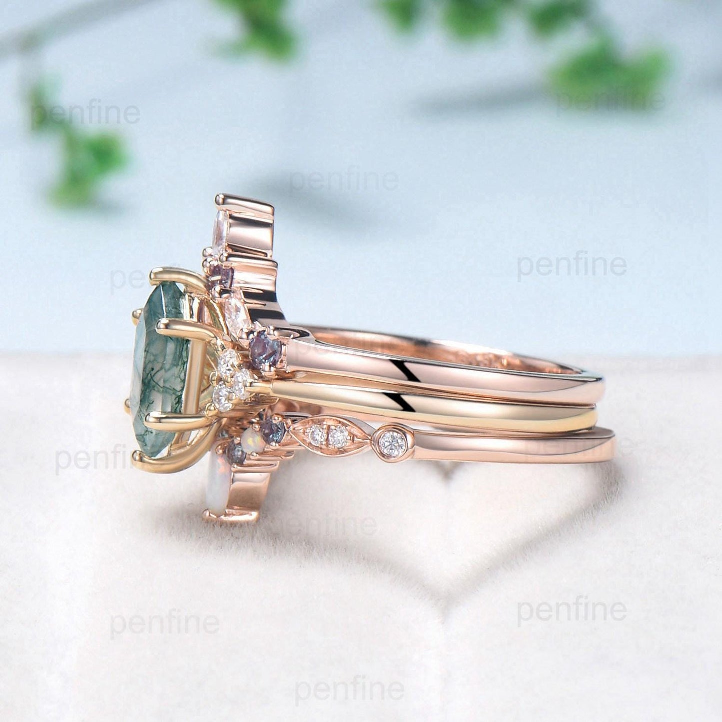 Vintage Long Hexagon Natural Green Moss Agate Engagement Ring Set Unique 14k Rose Gold Cluster Moissanite Wedding Ring Set Ring for Women