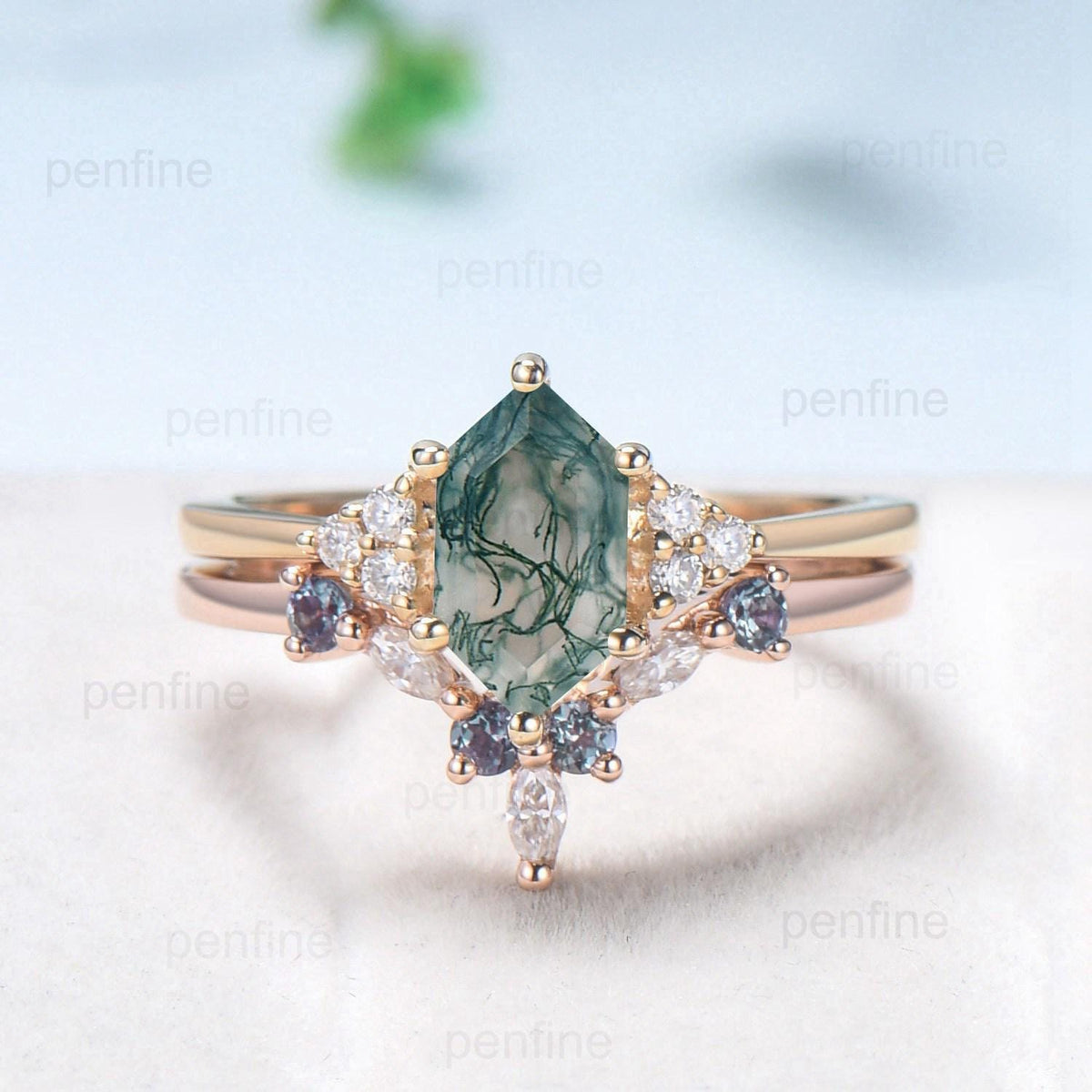 Vintage Long Hexagon Natural Green Moss Agate Engagement Ring Set Unique 14k Rose Gold Cluster Moissanite Wedding Ring Set Ring for Women