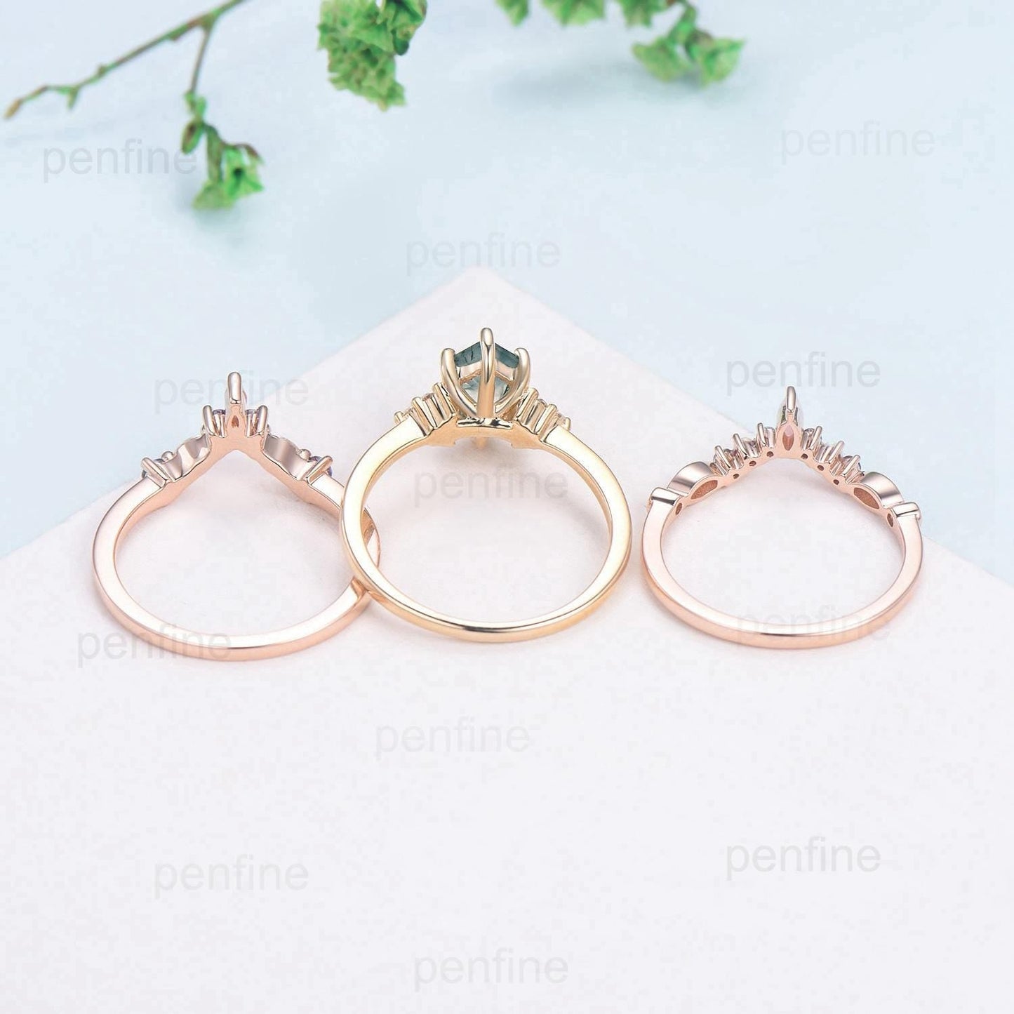 Vintage Long Hexagon Natural Green Moss Agate Engagement Ring Set Unique 14k Rose Gold Cluster Moissanite Wedding Ring Set Ring for Women