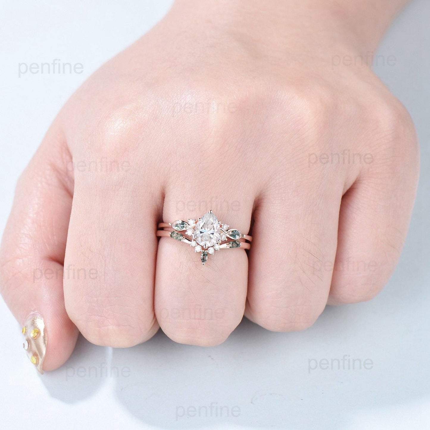 Vintage Pear Shaped Moissanite Engagement Ring Set Unique 14k Rose Gold Marquise Green Moss Agate Wedding Ring Set Vine Bridal Set Women