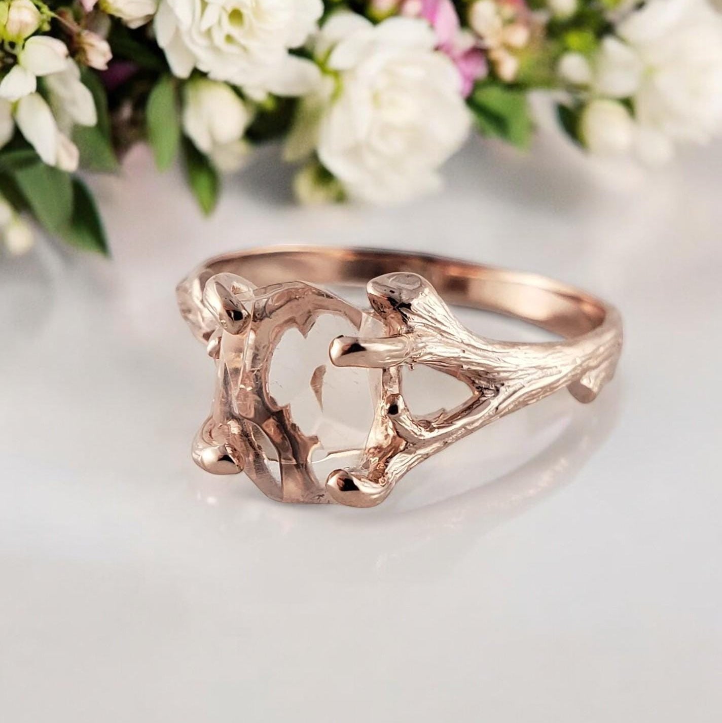 Hand-Cut Morganite Twig Engagement Ring, Gemstone Solitaire Ring