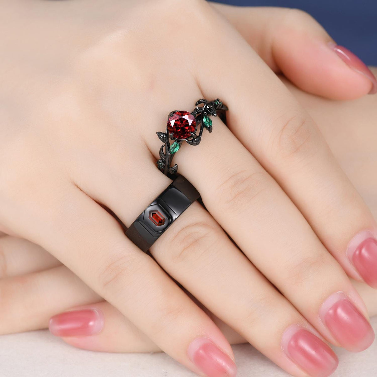 Gothic Couples Red Garnet Engagement Ring Set: Black Gold Leaf Band