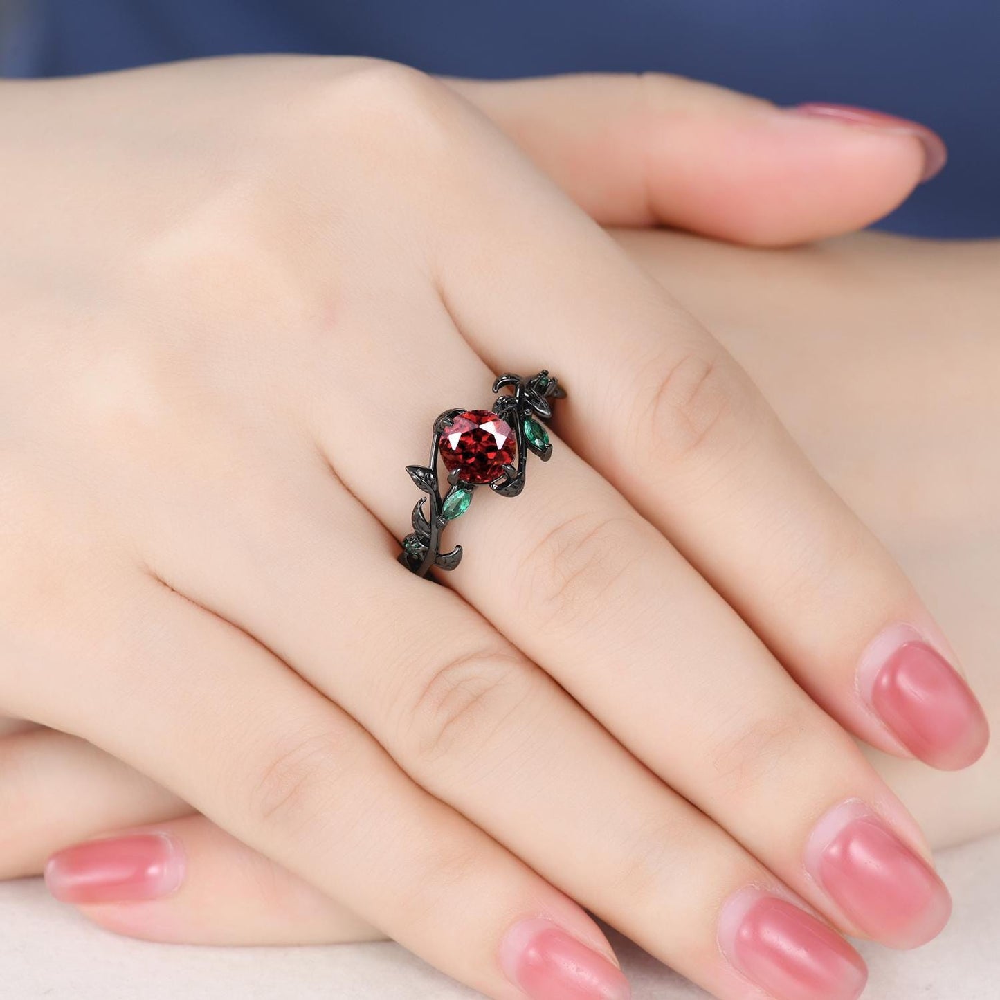 Gothic Couples Red Garnet Engagement Ring Set: Black Gold Leaf Band