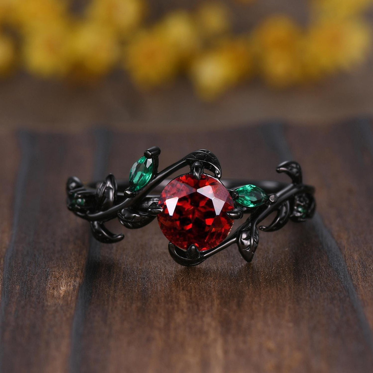 Gothic Couples Red Garnet Engagement Ring Set: Black Gold Leaf Band