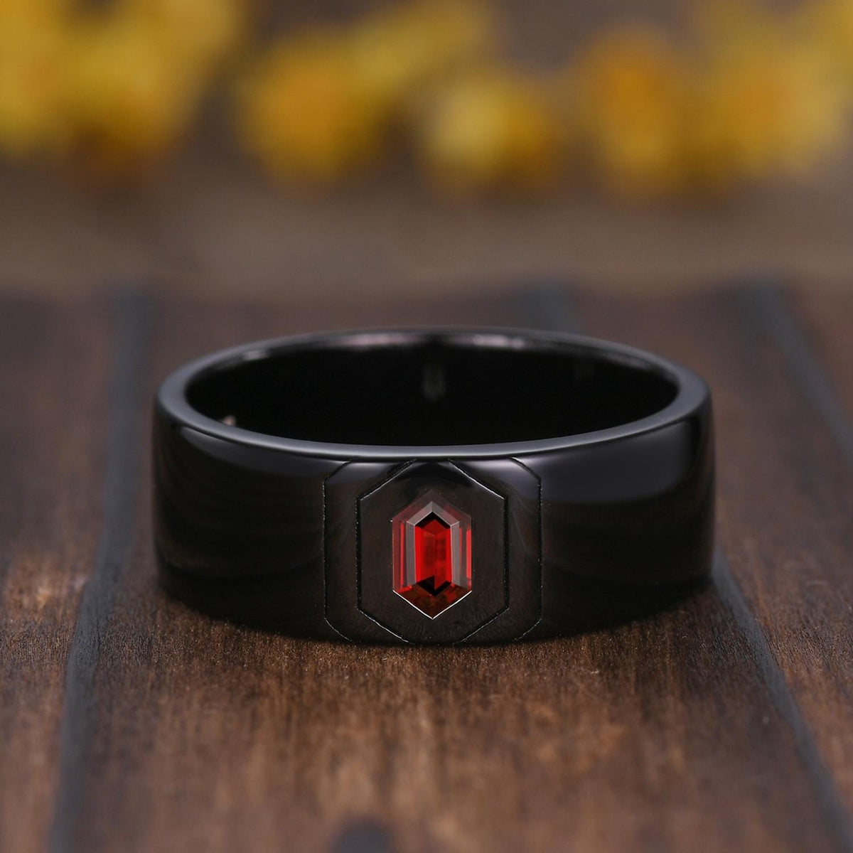 Gothic Couples Red Garnet Engagement Ring Set: Black Gold Leaf Band