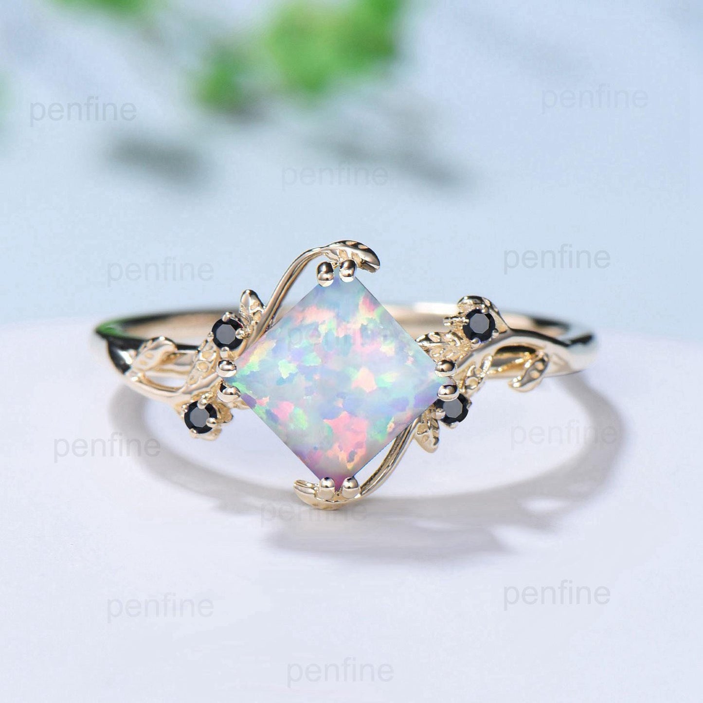Twig Princess Cut Opal Engagement Ring Vintage White Opal Leaf Ring Nature Inspired  Bridal Ring Branch Cluster emerald Wedding Ring Women