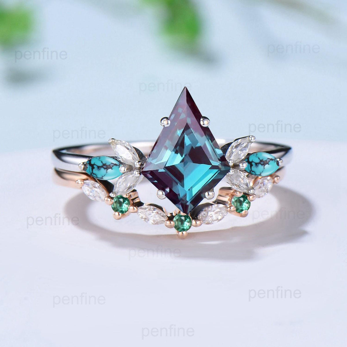 Vintage Kite cut alexandrite engagement ring set art deco marquise turquoise bridal wedding ring set women emerald anniversary stacking ring