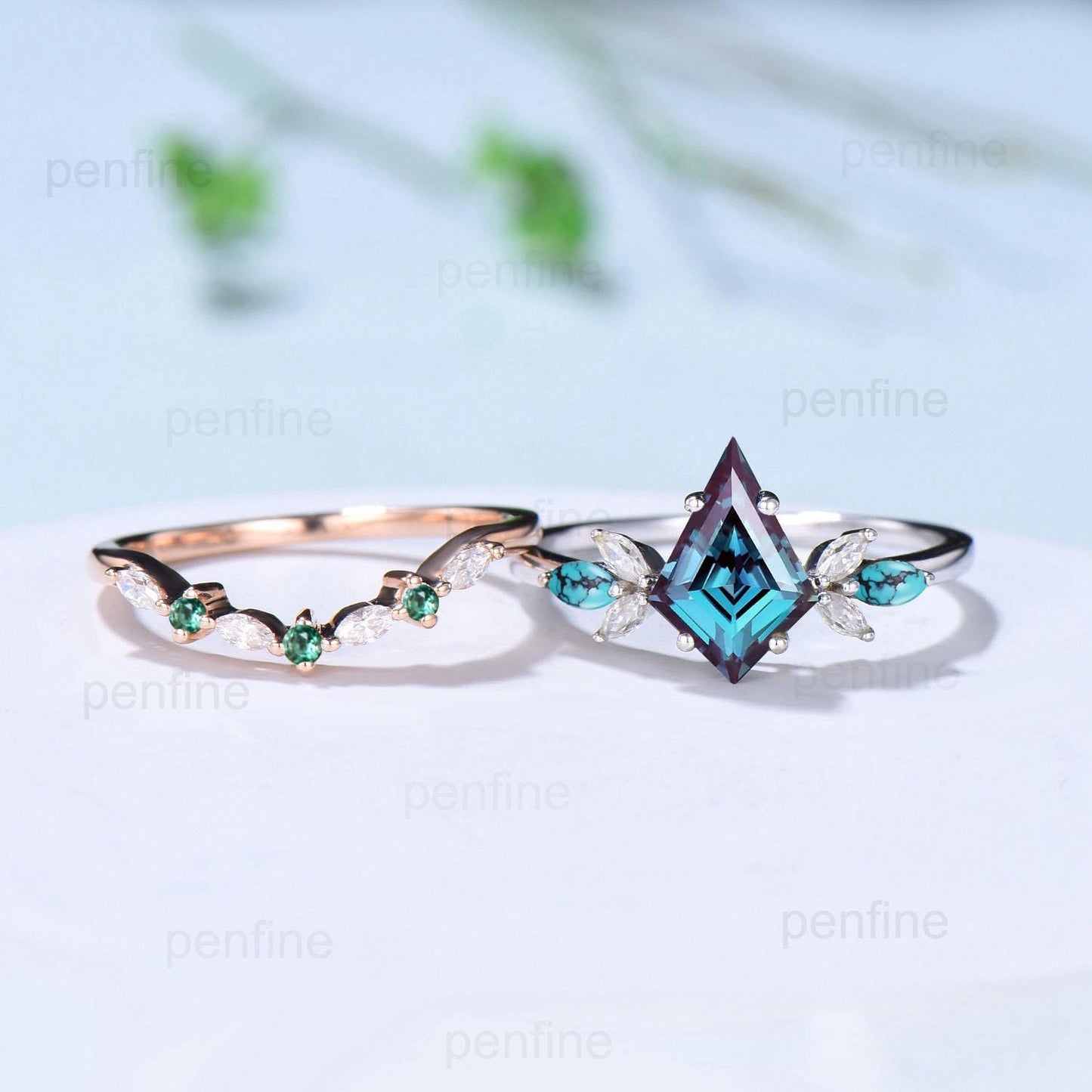 Vintage Kite cut alexandrite engagement ring set art deco marquise turquoise bridal wedding ring set women emerald anniversary stacking ring