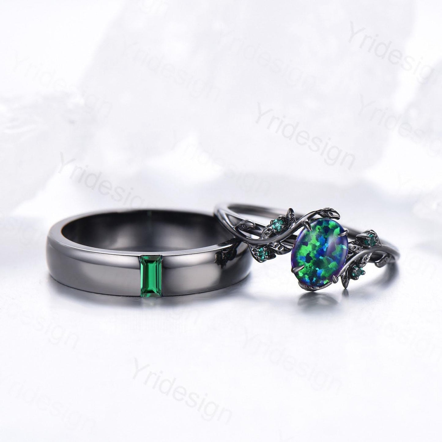 Couples ring set black gold fire opal wedding ring set emerald bridal ring men and women His Hers engagement ring promise anniversary gift