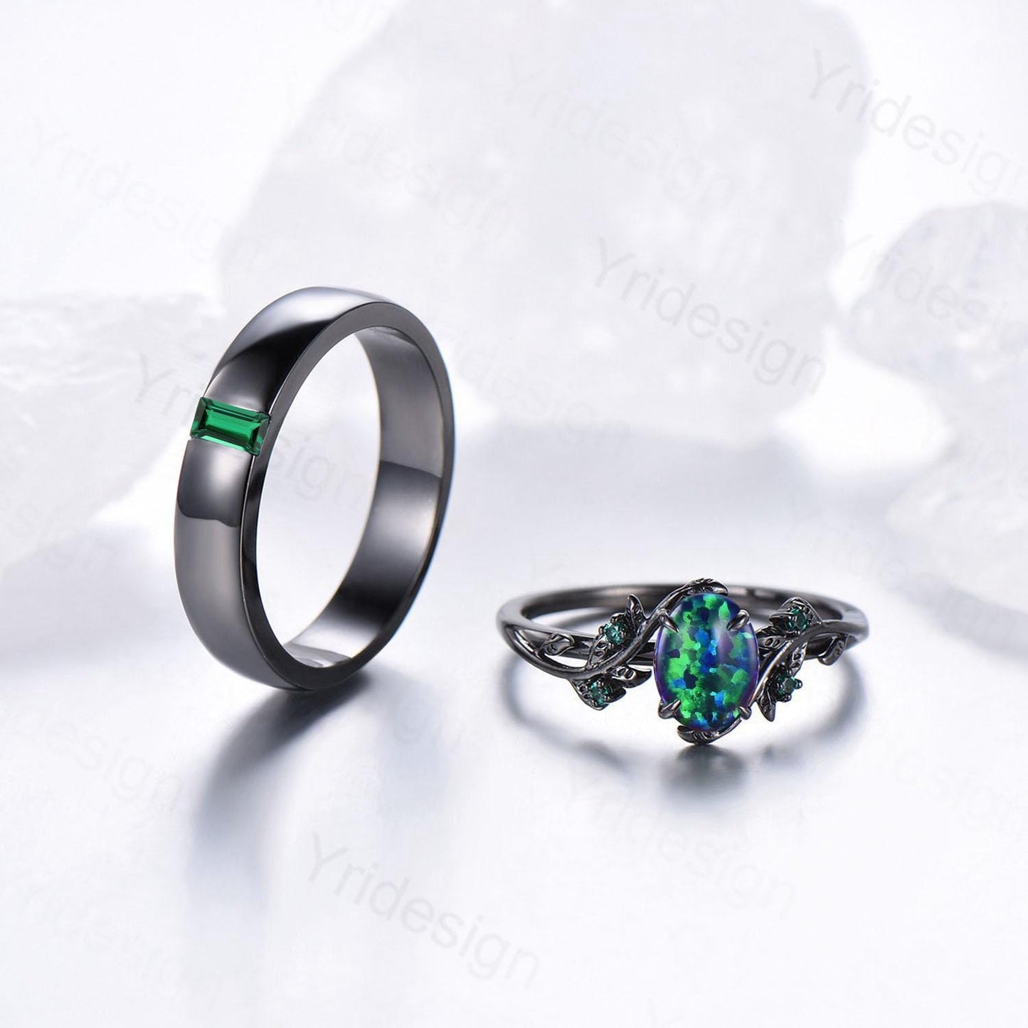 Couples ring set black gold fire opal wedding ring set emerald bridal ring men and women His Hers engagement ring promise anniversary gift