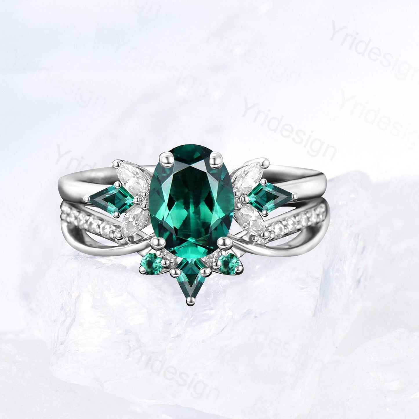 1.5 Carat Oval Emerald Wedding Ring Set, 2pcs May Birthstone Bridal Ring Set, Infinity Lab Emerald Stacking Band Handmade Proposal Gifts Her