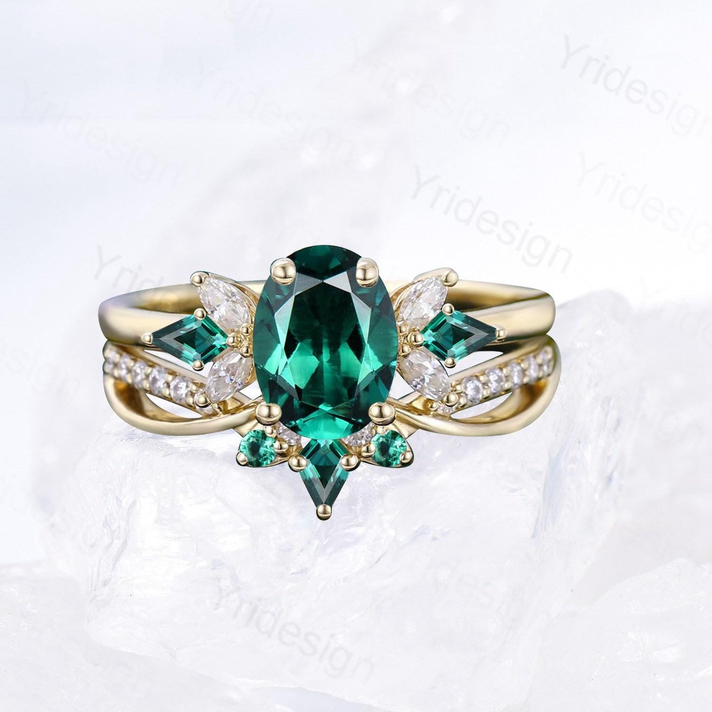1.5 Carat Oval Emerald Wedding Ring Set, 2pcs May Birthstone Bridal Ring Set, Infinity Lab Emerald Stacking Band Handmade Proposal Gifts Her