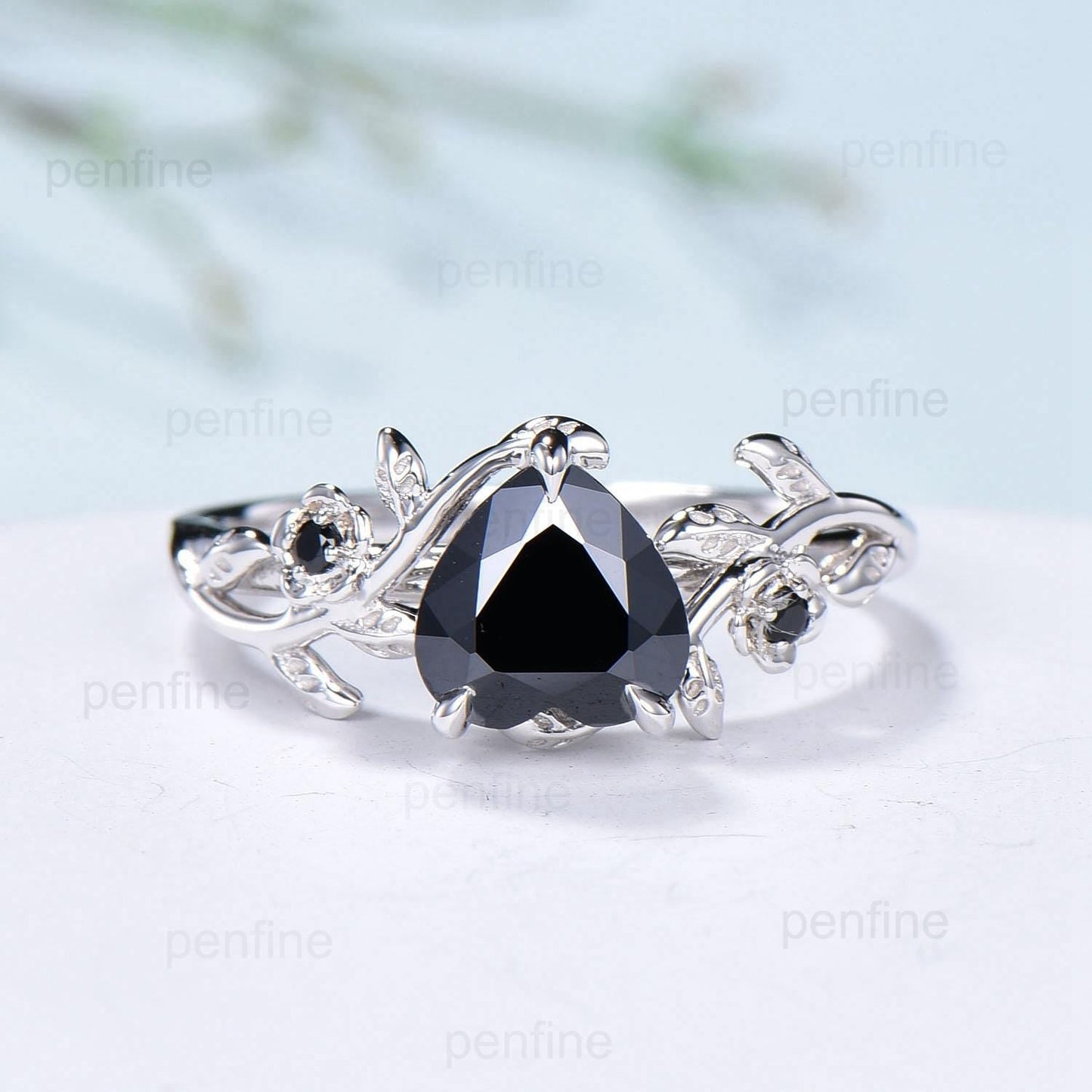 Leaf Twig Heart Shaped Black Moissanite Ring Floral Nature Inspired Engagement Ring Unique Branch Wedding Anniversary Ring Gifts for Women