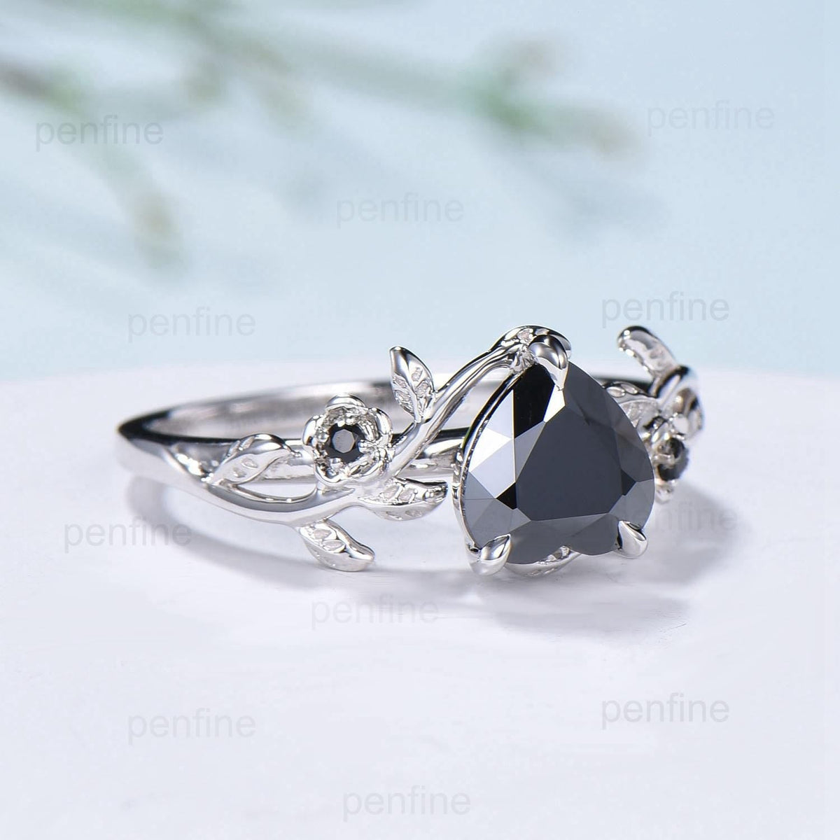 Leaf Twig Heart Shaped Black Moissanite Ring Floral Nature Inspired Engagement Ring Unique Branch Wedding Anniversary Ring Gifts for Women