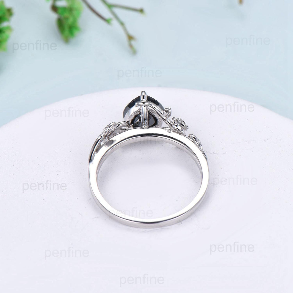 Leaf Twig Heart Shaped Black Moissanite Ring Floral Nature Inspired Engagement Ring Unique Branch Wedding Anniversary Ring Gifts for Women