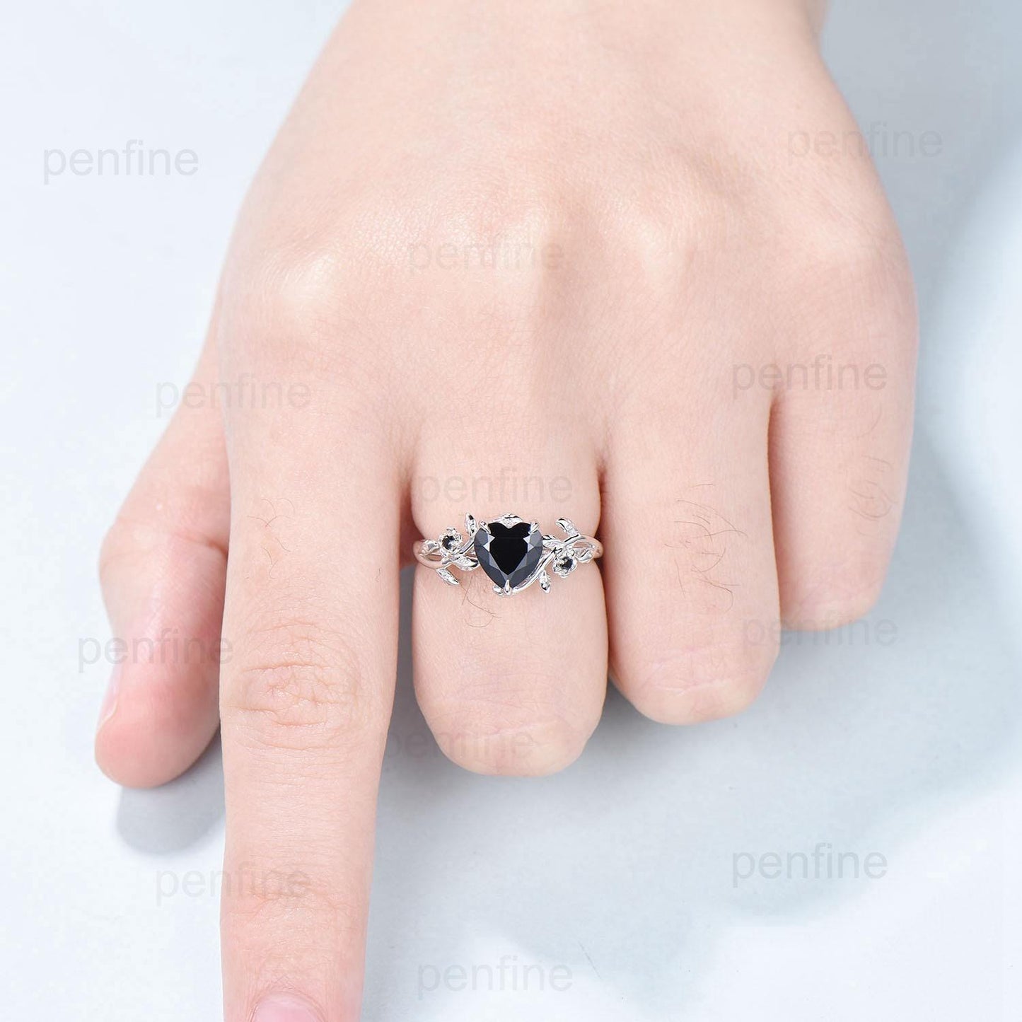 Leaf Twig Heart Shaped Black Moissanite Ring Floral Nature Inspired Engagement Ring Unique Branch Wedding Anniversary Ring Gifts for Women