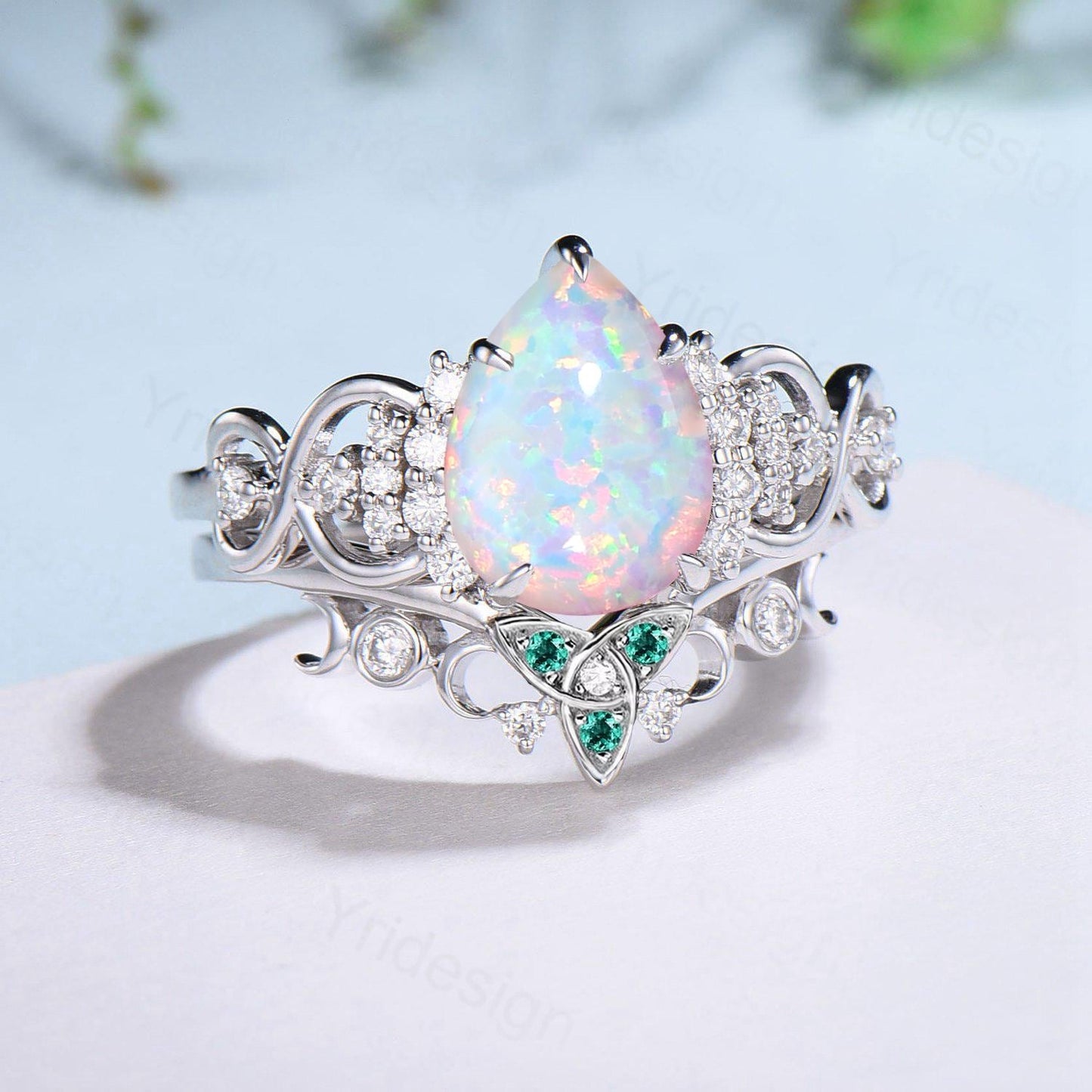 2 carat Pear Shaped White Opal Ring Set, Celtic Love Fire Opal Emerald engagement ring set, Norse Viking Infinity 14K white gold bridal set