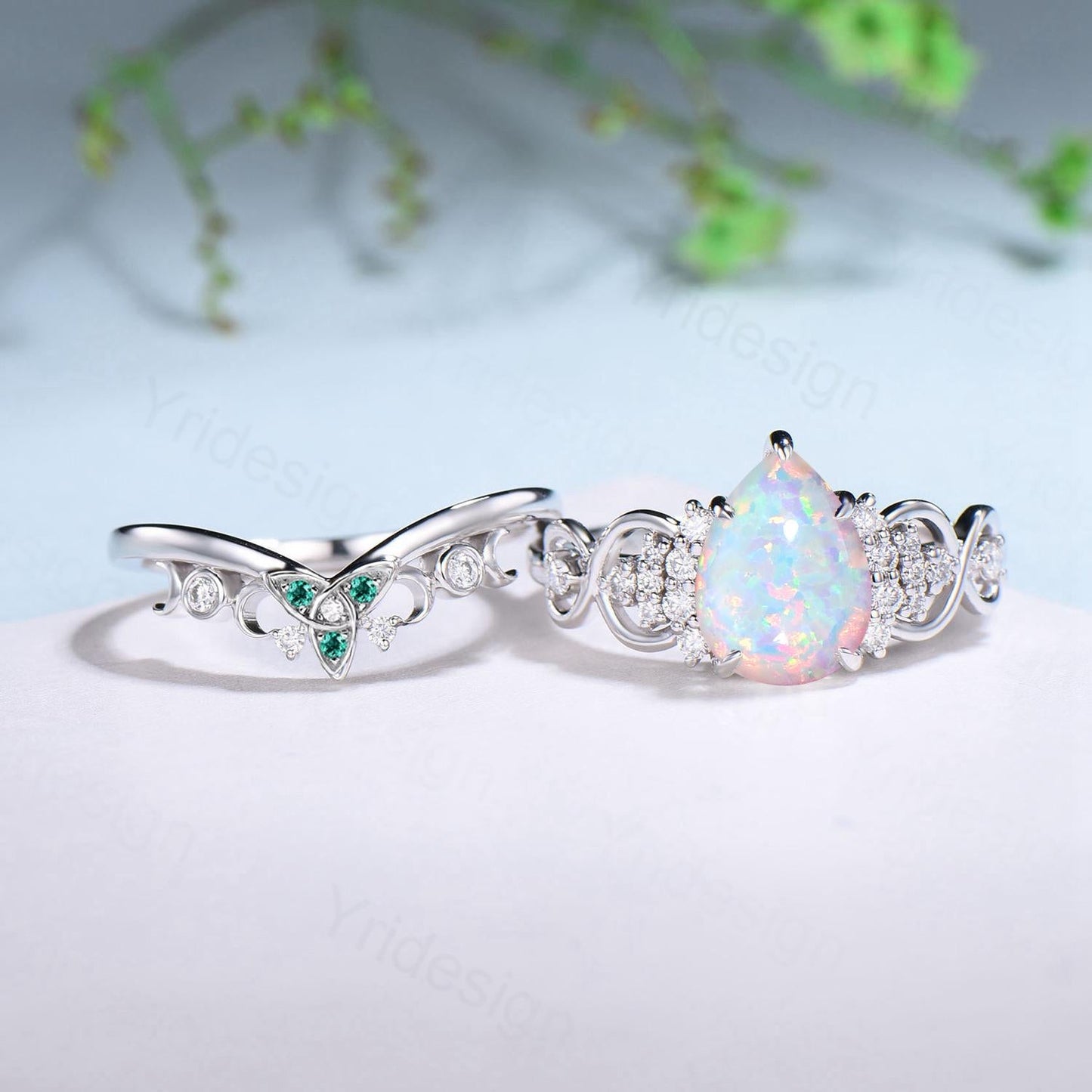 2 carat Pear Shaped White Opal Ring Set, Celtic Love Fire Opal Emerald engagement ring set, Norse Viking Infinity 14K white gold bridal set