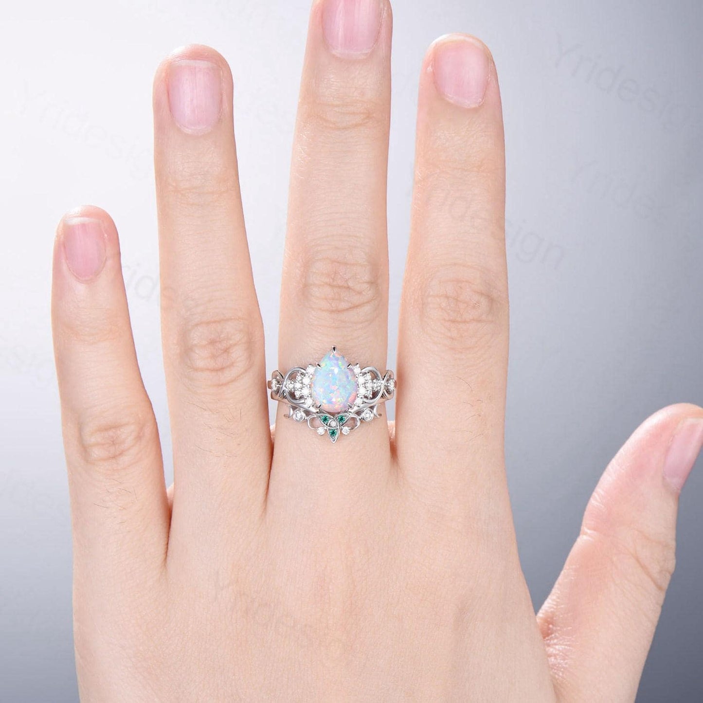 2 carat Pear Shaped White Opal Ring Set, Celtic Love Fire Opal Emerald engagement ring set, Norse Viking Infinity 14K white gold bridal set