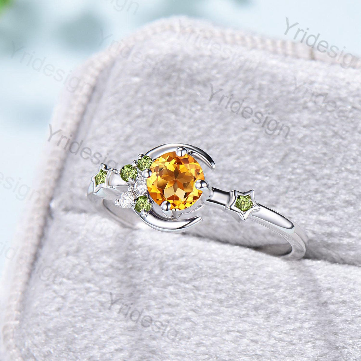 Vintage Peridot Citrine Wedding Ring Women Unique Crescent Moon Birthstone Ring Unique Art Deco Matching Band Anniversary Gift for Daughter