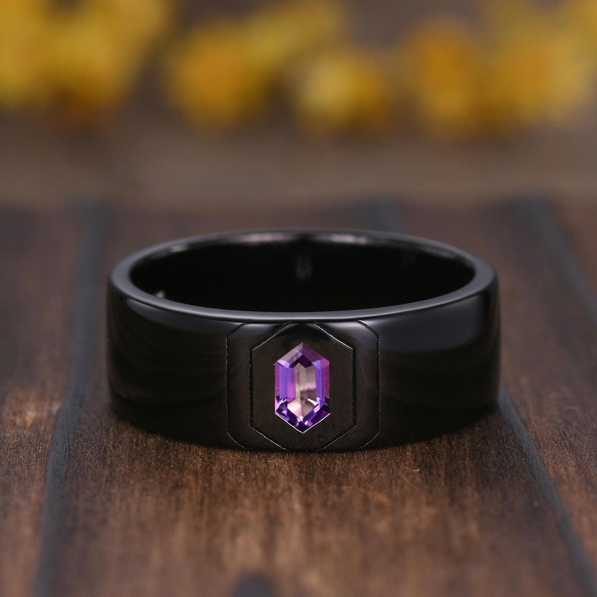 Gothic Couples Amethyst Wedding Ring Set: Black Gold Promise Rings