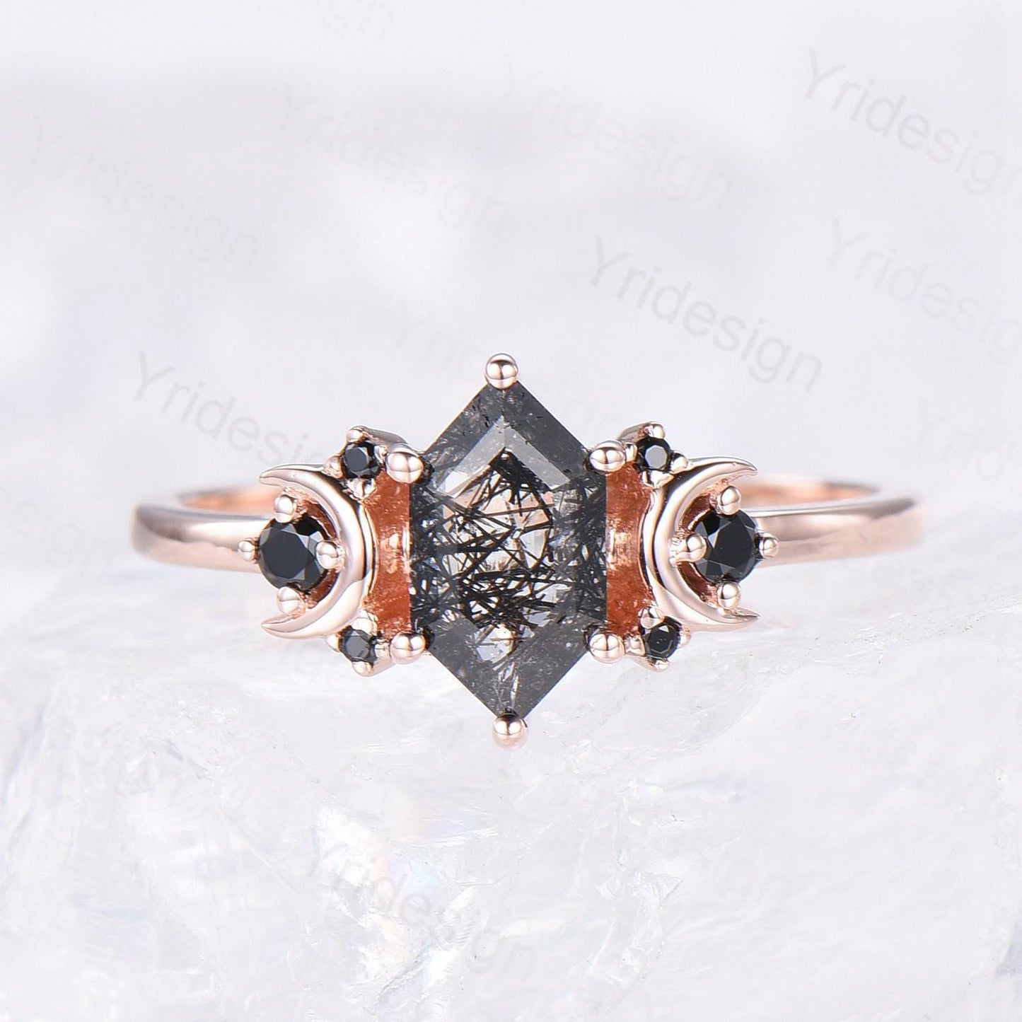 Moon style engagement ring, Long hexagon cut black rutilated quartz ring rose gold cluster black spinel wedding ring, women anniversary gift