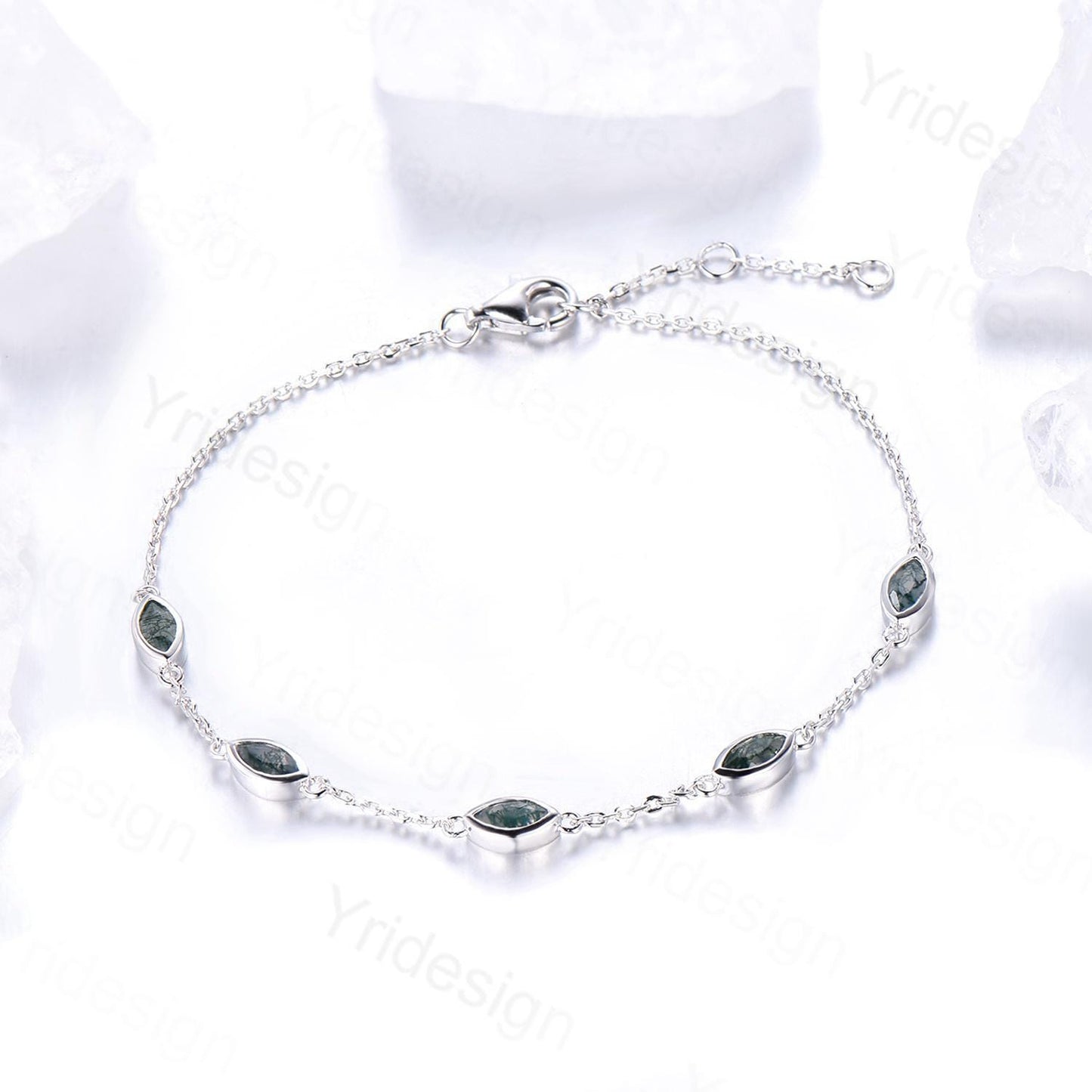 Dainty marquise cut moss agate bracelet bezel set green agate bracelet minimalist elegant stackable bracelet handmade anniversary gift women