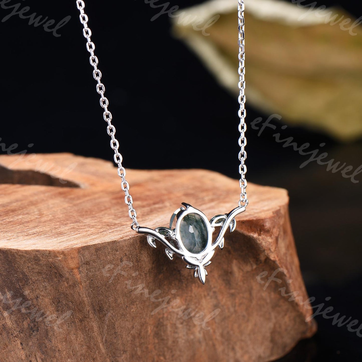 Moss Agate Leaf Vine Pendant Necklace, Nature Inspired