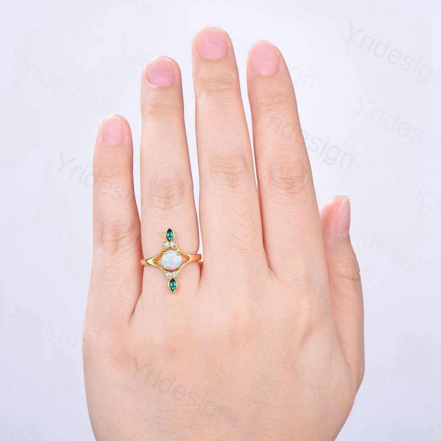Unique Opal Engagement Ring Vintage White Opal Promise Ring Yellow Gold Marquise Emerald Wedding Bridal Ring Women Handmade Promise Rings