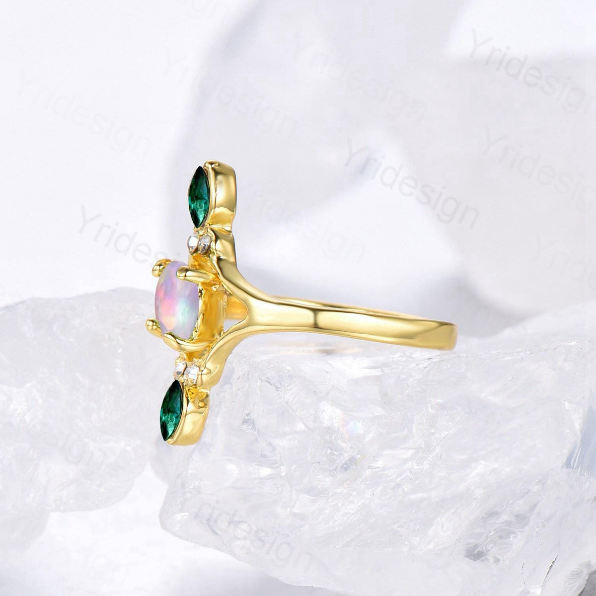 Unique Opal Engagement Ring Vintage White Opal Promise Ring Yellow Gold Marquise Emerald Wedding Bridal Ring Women Handmade Promise Rings