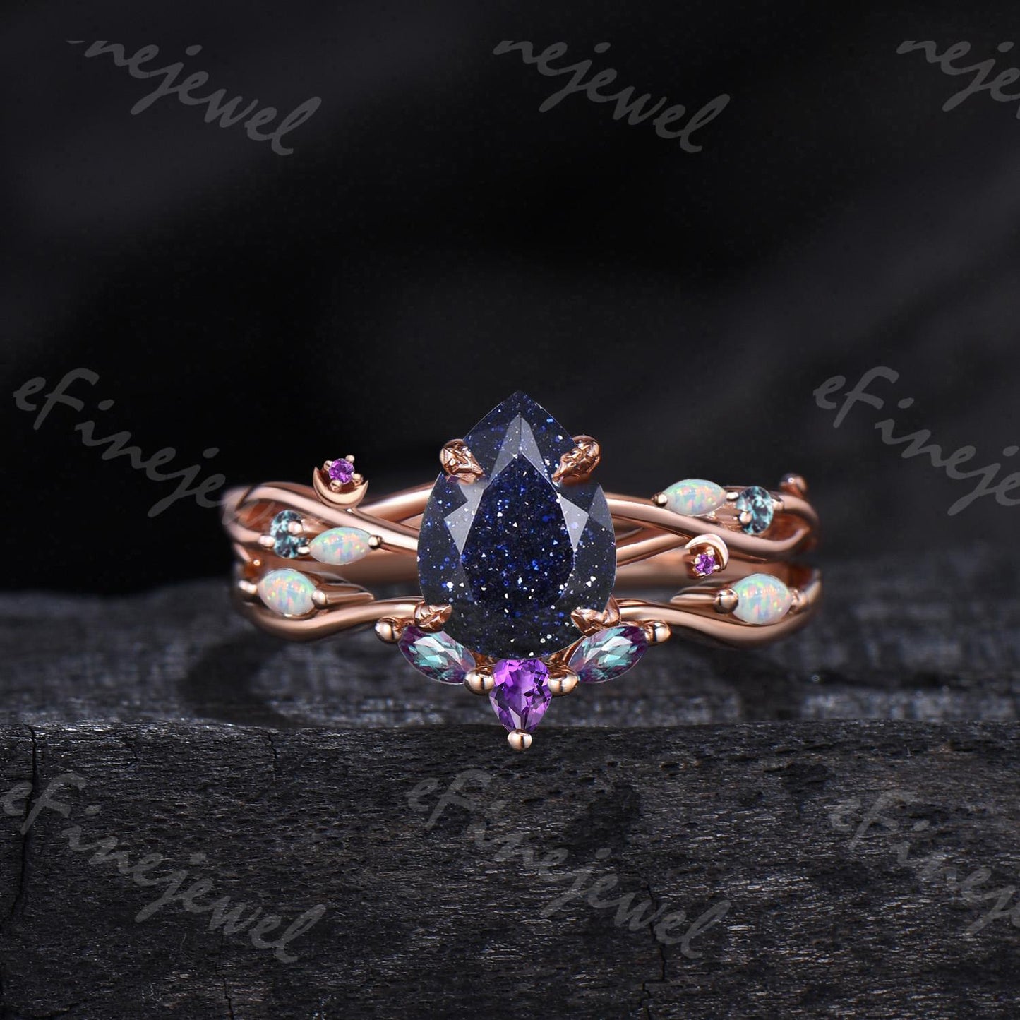 Pear Blue Sandstone Engagement Ring Set, Amethyst Opal Cluster, Gold Moon Wedding