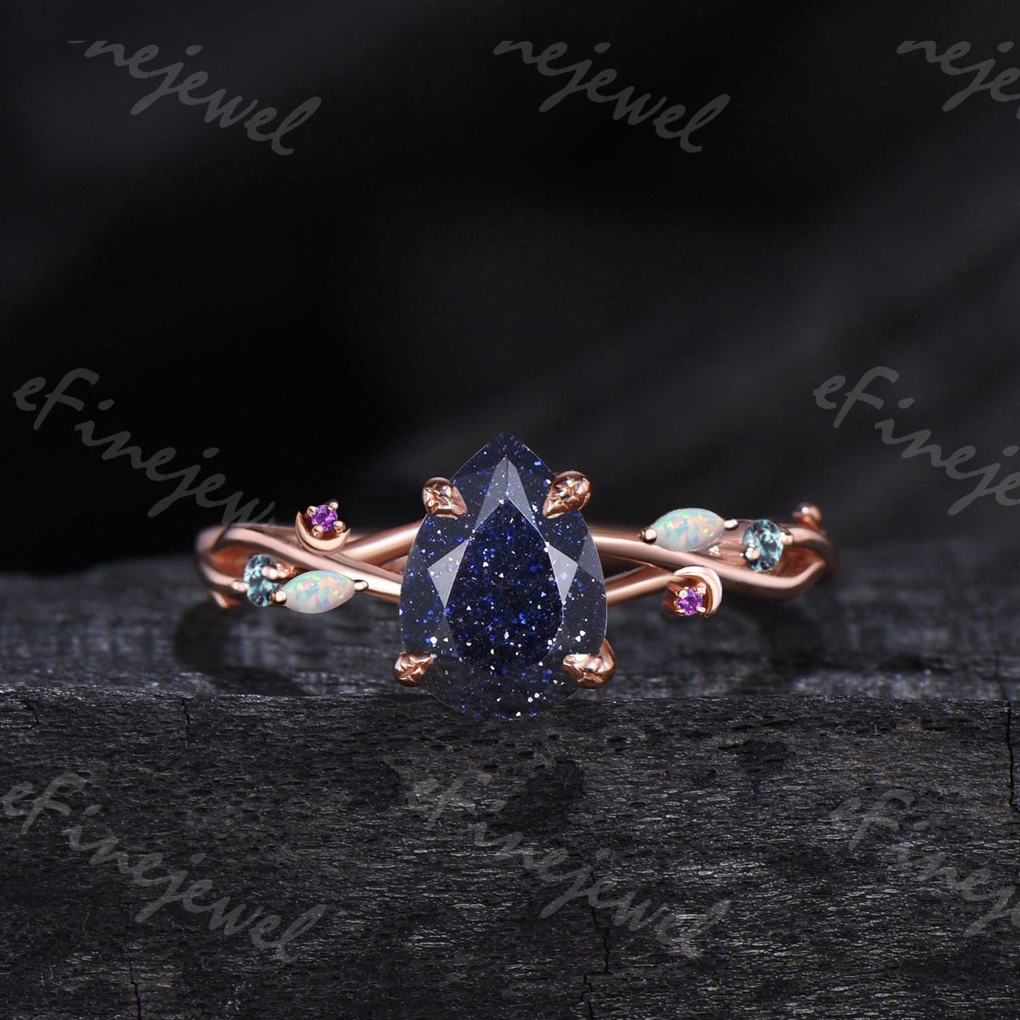 Pear Blue Sandstone Engagement Ring Set, Amethyst Opal Cluster, Gold Moon Wedding