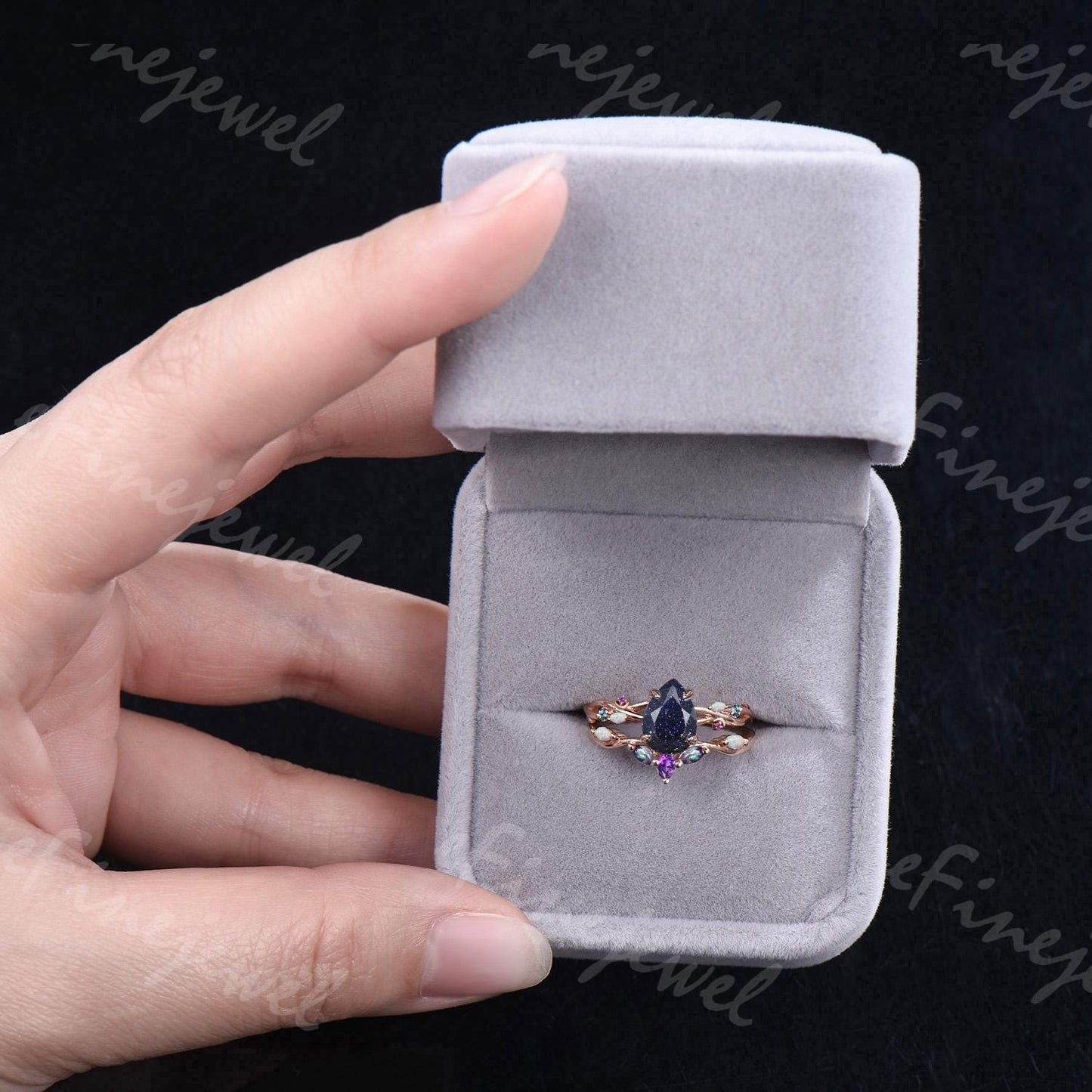 Pear Blue Sandstone Engagement Ring Set, Amethyst Opal Cluster, Gold Moon Wedding