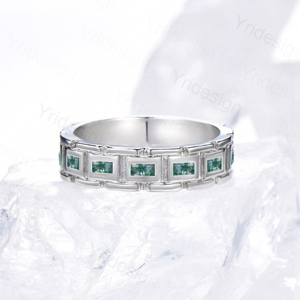 Mens Baguette Moss agate Wedding Band Unique Seven Stone Green Agate Stacking Band 4mm Mens Stacking Matching Band Retro Vintage Ring Gift